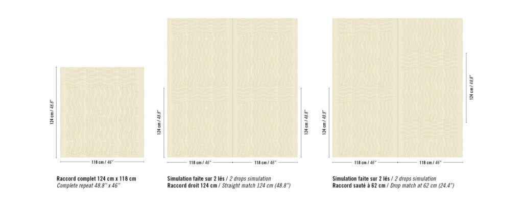 Vergelijking van drie plaatsingsmethodes van het Elitis Forms Wall Wave linnenpatroon RM 1054 01 met afmetingen en patroonherhaling.