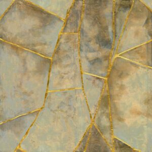 Decoratief wandpaneel Elitis Kintsugi Éclat VP 1022-01 met abstracte gebroken vormen en goudkleurige lijnen.