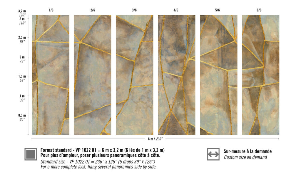 Abstract patroon van zes verticale panelen met aardetinten en goudkleurige lijnen in Kintsugi-stijl uit de Elitis Kintsugi Éclat VP 1022 01 collectie.
