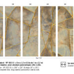 Abstract patroon van zes verticale panelen met aardetinten en goudkleurige lijnen in Kintsugi-stijl uit de Elitis Kintsugi Éclat VP 1022 01 collectie.