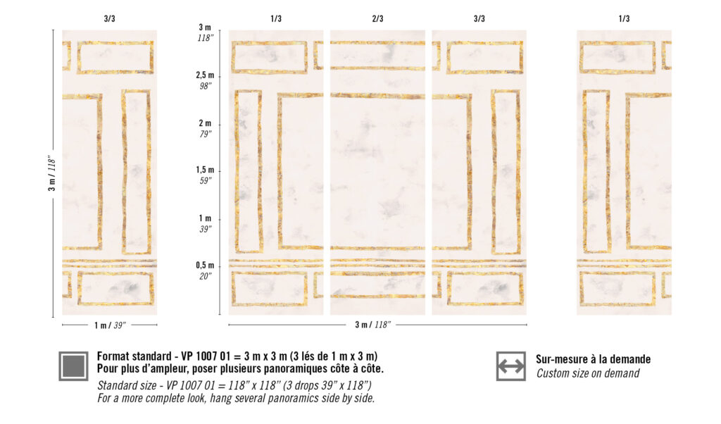 Afbeelding van het Elitis Kintsugi Les Marques de l’Empire patroonbehang in standaardformaat van 3 meter bij 3 meter met goudkleurige lijnen op een marmerachtig oppervlak.