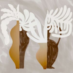 Abstracte illustratie van twee vazen met witte, organisch gevormde bloemen op een beige achtergrond, geïnspireerd op Elitis Kintsugi.