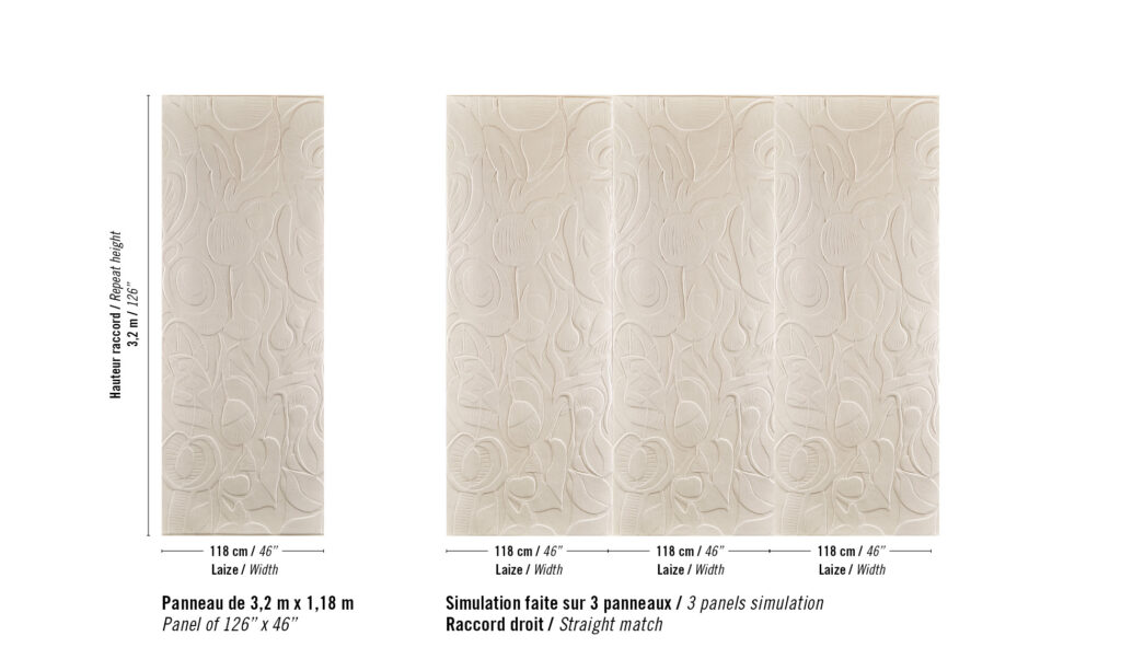 Beige wandpaneel met abstract fruit- en plantenpatroon uit de Elitis Le Jardin d'Aloès collectie, getoond in één en drie panelen.
