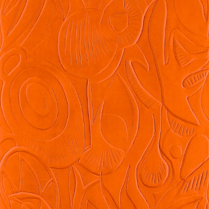 Oranje wandbekleding met abstract, reliëfachtig patroon uit de Elitis Le Jardin d’Aloès Colosse Fruitier collectie.