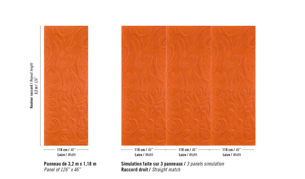 Oranje wandpaneel met abstract bloemenpatroon uit de Elitis Le Jardin d’Aloès Colosse Fruitier collectie, getoond als enkel paneel en in een simulatie van drie panelen met recht patroonverloop.