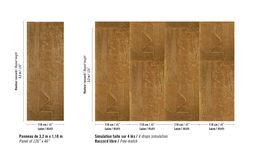Afbeelding van het Elitis Le Jardin d’Aloès Palimpseste RM 1092 11 patroonpaneel van 3,2 m x 1,18 m met een simulatie van vier vrije aansluitingen.