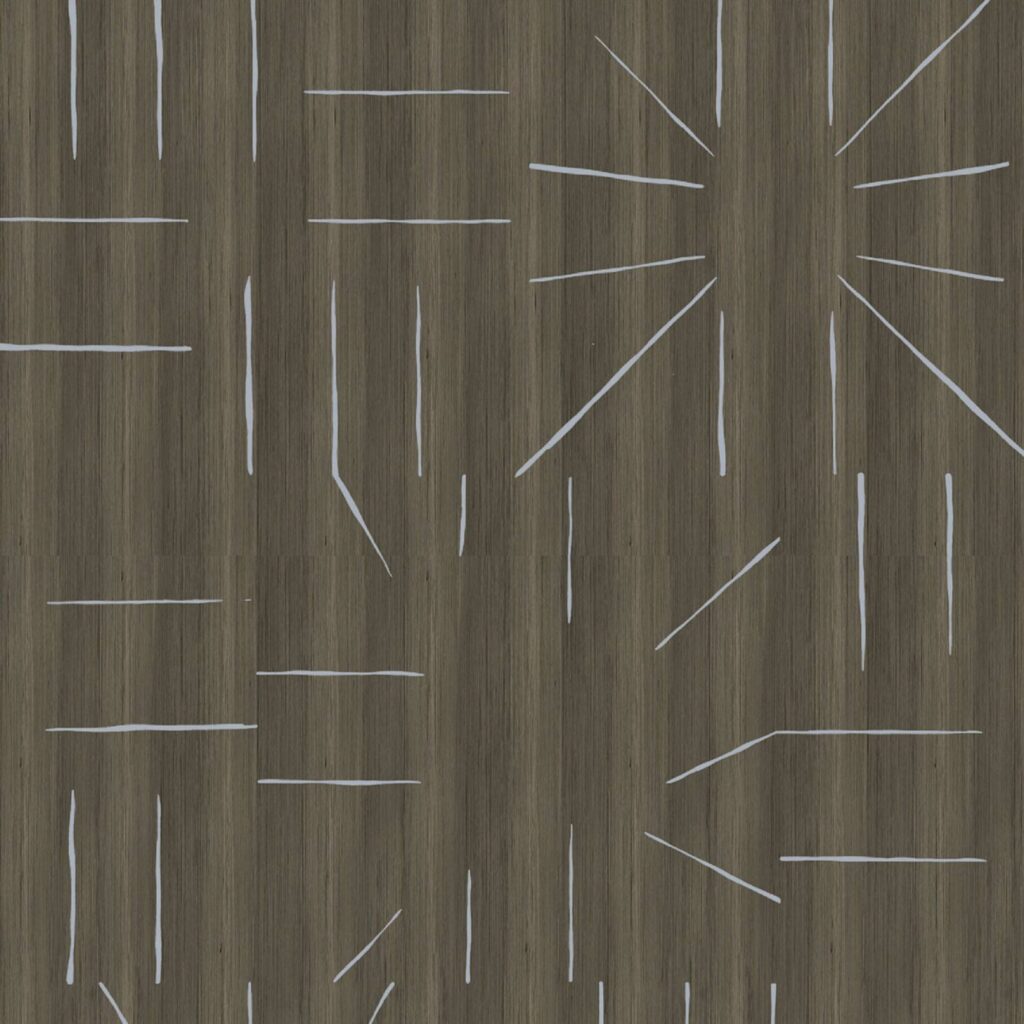 Donkerbruin behang uit de Elitis Le Roi Soleil Marqueteries-collectie met ingelegde lijnen in een patroon van zonnestralen en abstracte vormen.