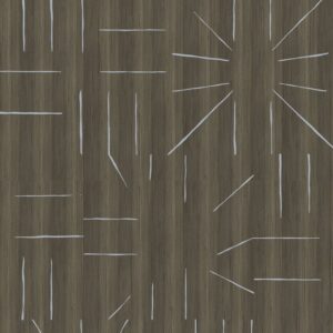 Donkerbruin behang uit de Elitis Le Roi Soleil Marqueteries-collectie met ingelegde lijnen in een patroon van zonnestralen en abstracte vormen.