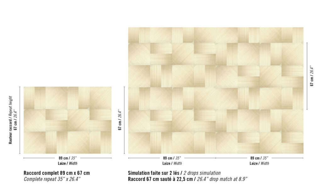 Beige geweven patroon van Elitis Maestria Circe RM 1072-01 met herhaling van 89 cm x 67 cm.