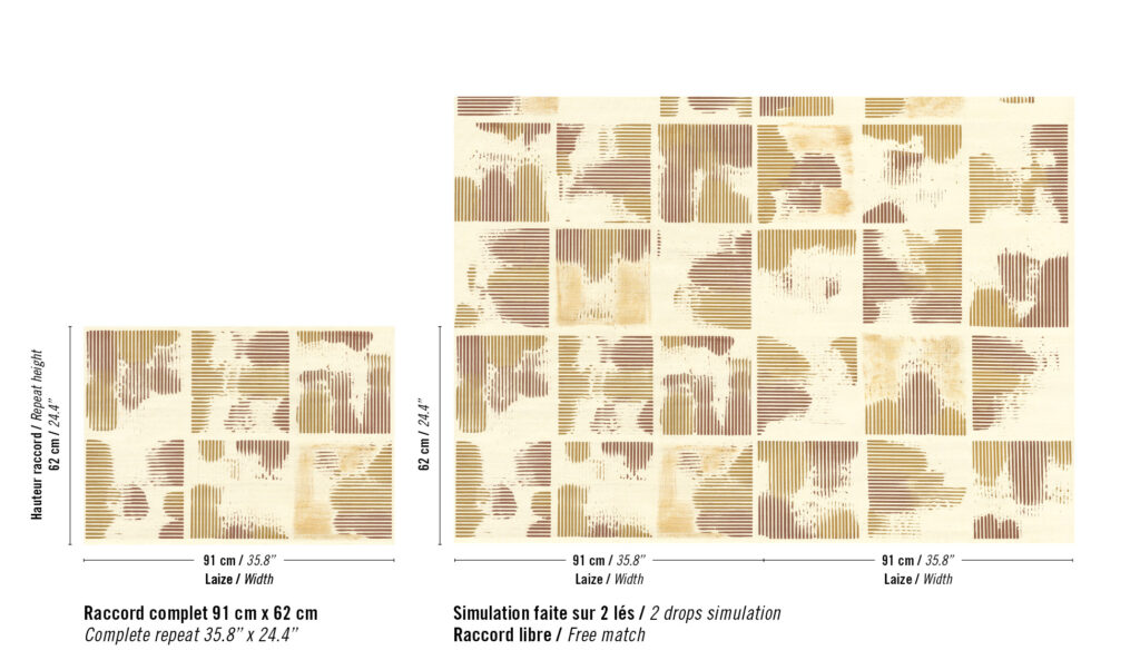 Patroonvoorbeeld van het Elitis Maestria Kalliste RM 1077 02 behang met abstracte blokken en strepen in beige- en bruintinten.
