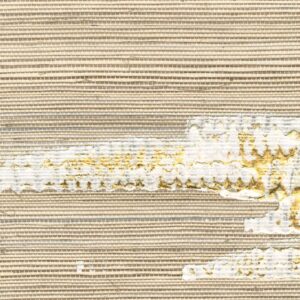Detail van Elitis Maestria Orion RM 1075 02 behang met een geweven textuur in beige tinten en een abstract patroon in wit en goud.