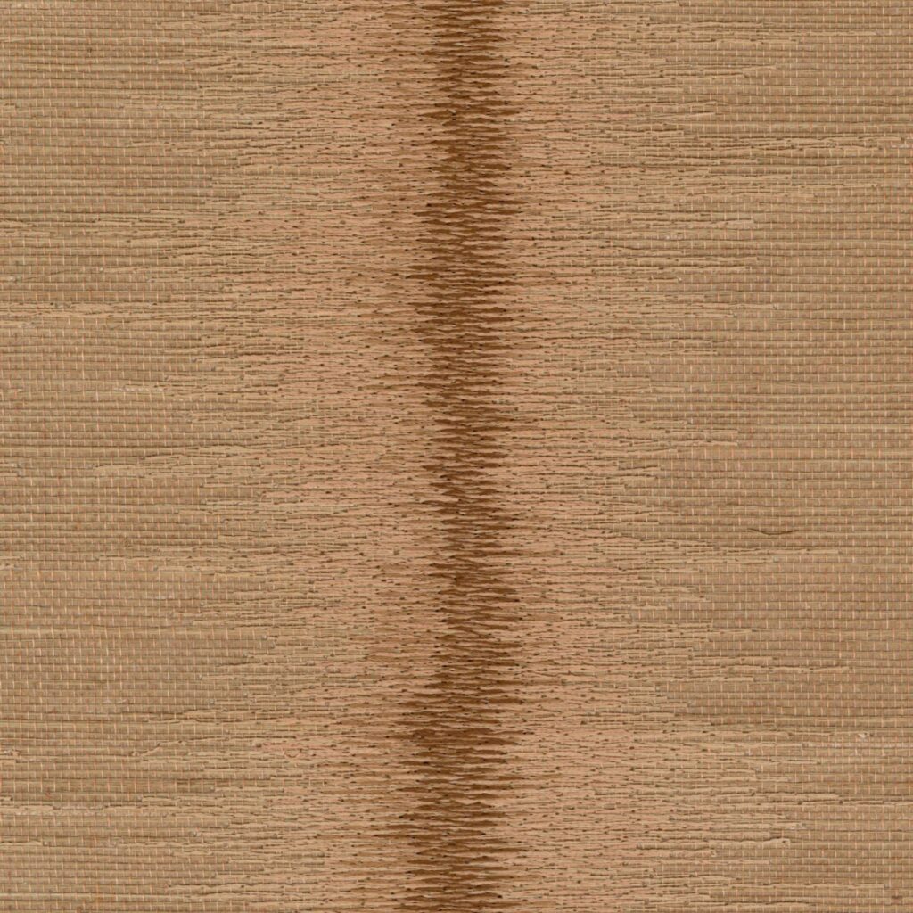 Beige en bruin Elitis Maestria Tissoro RM 1078 15 behang met een geweven textuur en een subtiel verticaal patroon.
