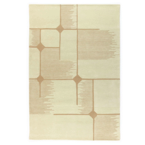 Beige Elitis Marcel TA 134 03 02 vloerkleed met een geometrisch patroon van dunne lijnen en ruitvormige accenten in bruin.