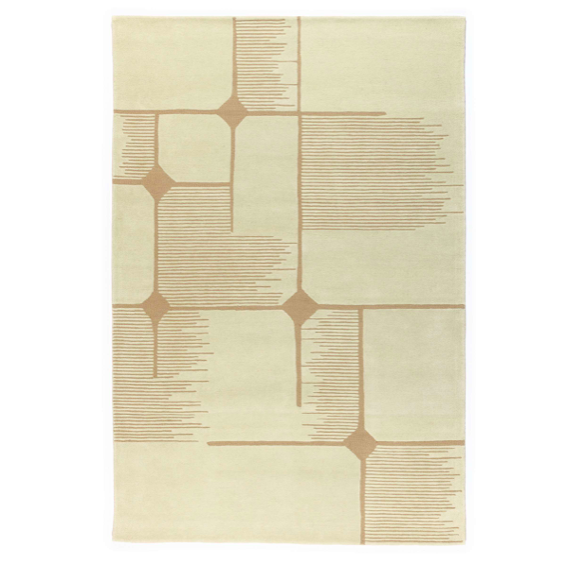 Beige Elitis Marcel TA 134 03 02 vloerkleed met een geometrisch patroon van dunne lijnen en ruitvormige accenten in bruin.