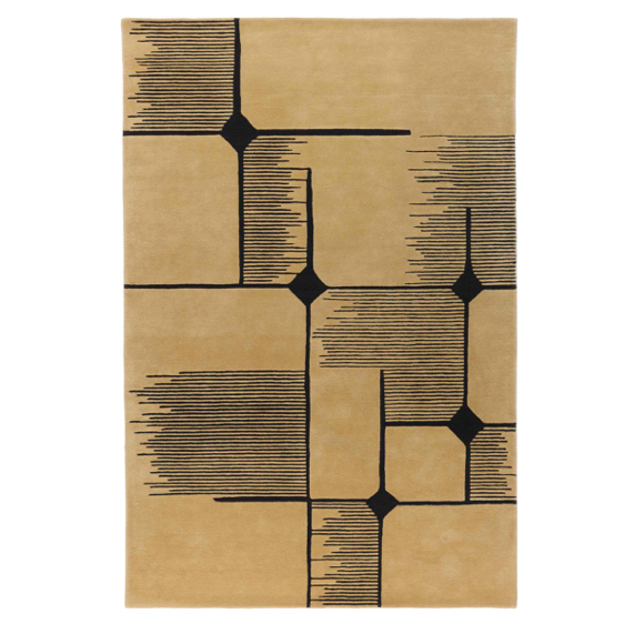 Beige Elitis Marcel TA 134 13 06 vloerkleed met een abstract patroon van zwarte lijnen en ruiten.