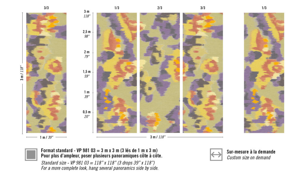 Abstract bloemenpatroon in paarse, gele, oranje en rode tinten op een Elitis Matières à Réflexions vliesbehang van 3 meter hoog.