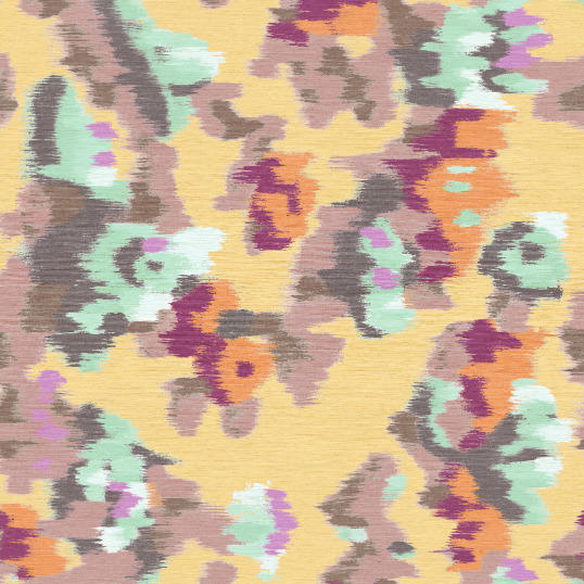 Abstract bloemenpatroon in pastel- en aardetinten op een gele achtergrond uit de Elitis Matières à Réflexions collectie, design VP 981 04.