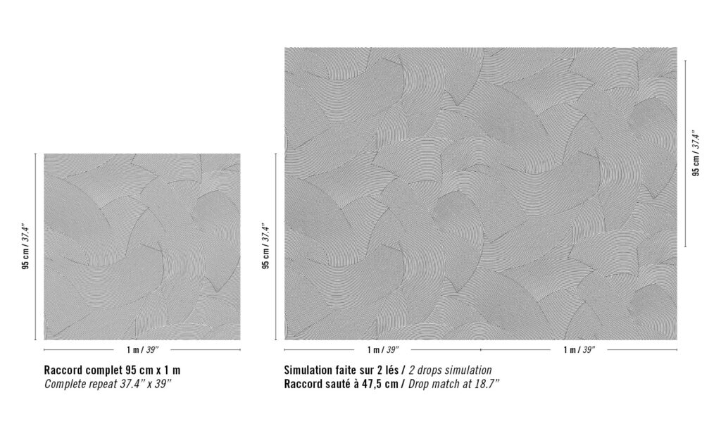 Twee zwart-witte patronen uit de Elitis Matières à Réflexions Circolo VP 976 01 collectie tonen herhalingen en aansluitingen van een grafisch gebogen lijnenspel.