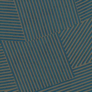 Abstract patroon van het Elitis Dédales VP 975 41 behang met diagonaal georiënteerde lijnen in blauw en bruin.