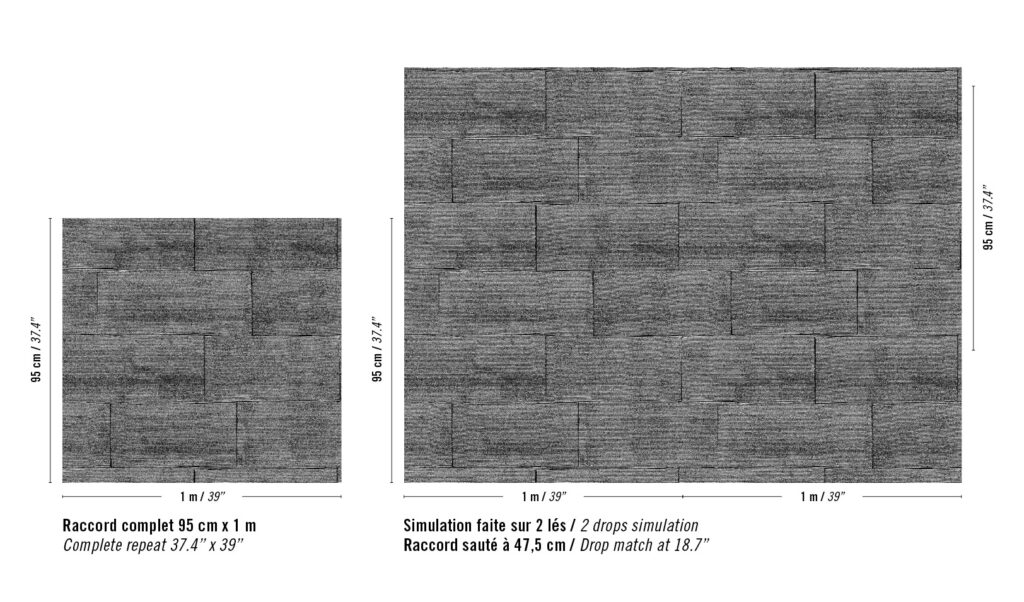 Afbeelding van het Elitis Matières à Réflexions Équilibre VP 977 41 patroon met links het volledige herhaalpatroon en rechts een simulatie van twee banen met verspringende aansluiting.