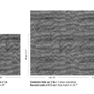 Afbeelding van het Elitis Matières à Réflexions Équilibre VP 977 41 patroon met links het volledige herhaalpatroon en rechts een simulatie van twee banen met verspringende aansluiting.