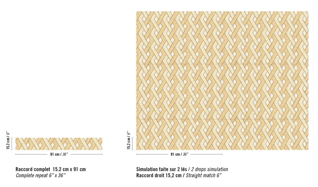 Beige en crèmekleurig geweven patroon van Elitis Merida Wall Entrelazados RM 1019 met een herhaling van 15,2 x 91 cm.