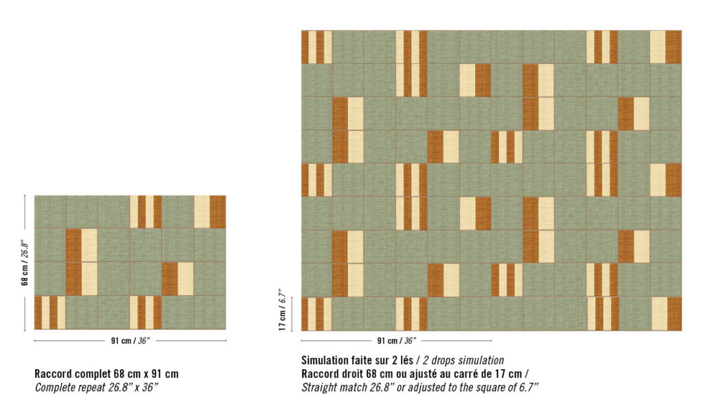 Behangpatroon Elitis Merida Partitura RM 1020 60 met een herhaald geometrisch ontwerp in groentinten met beige en bruine accenten.