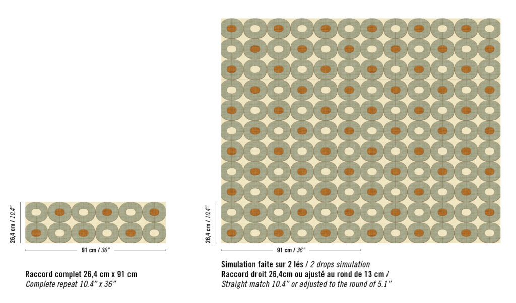 Elitis Merida behangpatroon RM 1018 60 met herhalende cirkelvormige banen in groen en oranje op beige achtergrond.