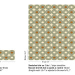 Elitis Merida behangpatroon RM 1018 60 met herhalende cirkelvormige banen in groen en oranje op beige achtergrond.