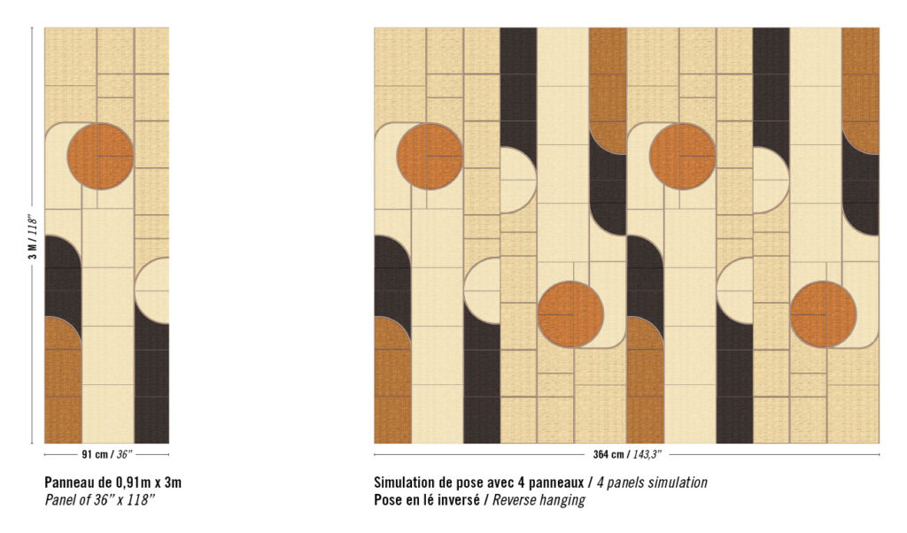 Elitis Merida Sol RM 1021-80 wandpaneel met geometrisch patroon van rechthoeken en cirkels in beige, zwart en oranje tinten.