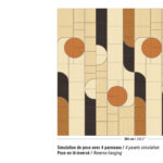 Elitis Merida Sol RM 1021-80 wandpaneel met geometrisch patroon van rechthoeken en cirkels in beige, zwart en oranje tinten.
