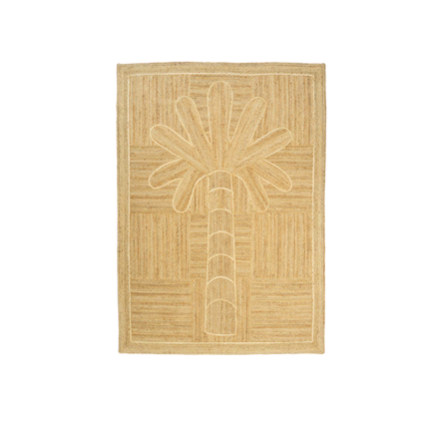 Beige Elitis Mirador indoor vloerkleed met een reliëfpatroon van een palmboom.