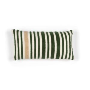 Rechthoekig Elitis Monterrey kussen met groen, beige en wit gestreept patroon.