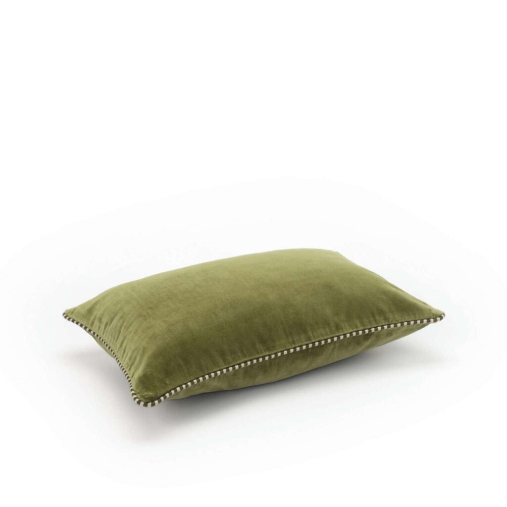 Groen fluwelen Elitis Olympe kussen CO-260-64-04 met decoratieve bies, zijaanzicht.