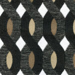 Zwart-geel Elitis outdoorstofpatroon Farniente OD 117 80 met een golvend, achtvormig geometrisch design.