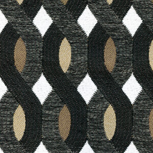 Zwart-geel Elitis outdoorstofpatroon Farniente OD 117 80 met een golvend, achtvormig geometrisch design.