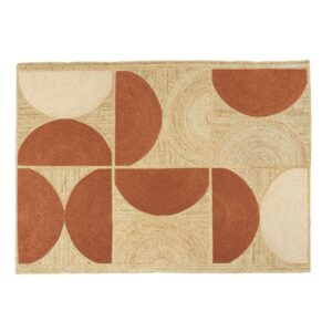 Rechthoekig Elitis Rocky PF TA 109 35 04 tapijt met geometrisch patroon van halve cirkels in roodbruin en beige tinten.