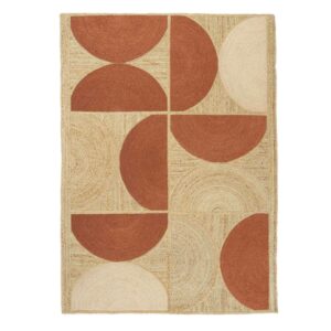 Vloerkleed Elitis Rocky PF TA 109 35 05 met geometrisch patroon van halve cirkels in roodbruin en beige tinten.