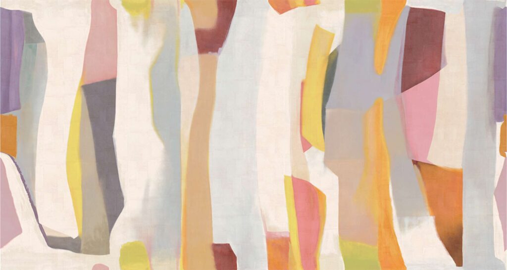 Abstracte muurbekleding "Elitis Sangpi Aspirations Fusionnelles VP 1025 01" met zachte verticale kleurvlakken in pastel- en aardetinten.