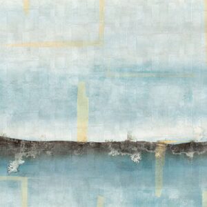 Abstracte wandbekleding met een mistig blauw landschap, zwarte horizonlijn en gele accenten uit de Elitis Sangpi Brumes Laquées collectie (VP 1026 01).