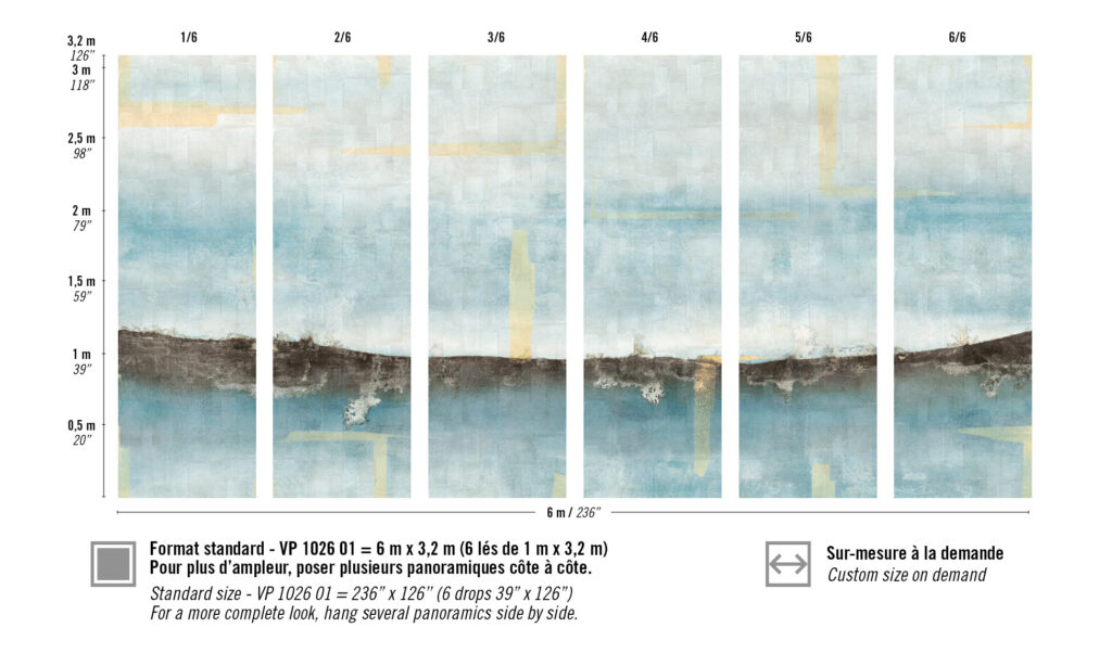 Abstract panoramisch behangpatroon Elitis Sangpi Brumes Laquées VP 1026 01 met een gelaagd ontwerp in blauw-, beige- en bruintinten.