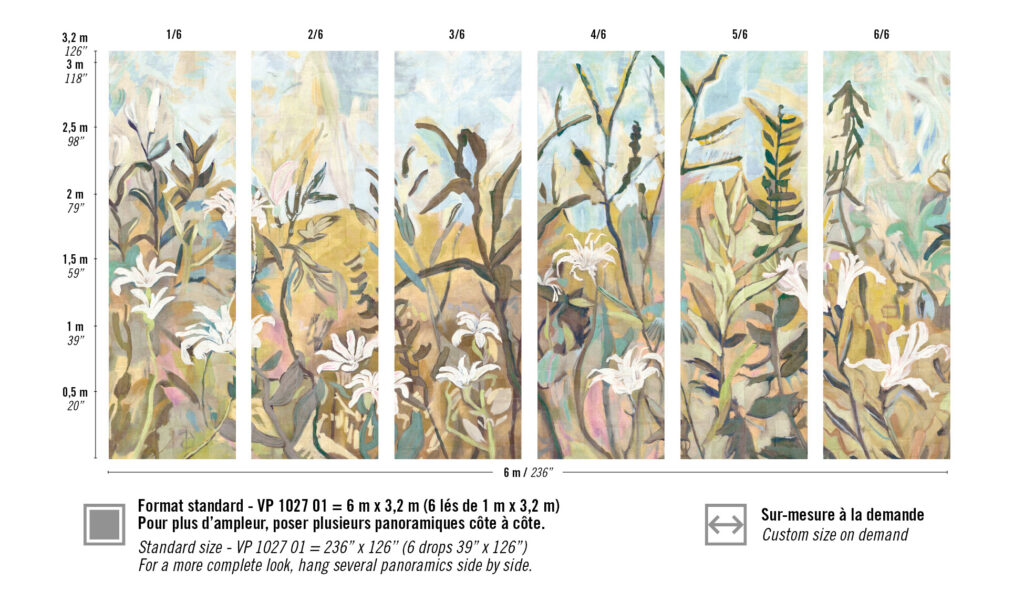 Panoramisch behangpatroon Elitis Sangpi L’Eden et Après VP 1027 01 met abstracte bloemen en bladeren in zachte pasteltinten.