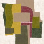 Abstracte compositie uit de Elitis Sangpi Terres Lointaines collectie met overlappende geometrische vormen in aardetinten, okergeel, olijfgroen en bordeauxrood.