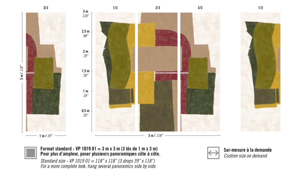 Abstract geometrisch patroon "Elitis Sangpi Terres Lointaines VP 1019 01" met overlappende vormen in rood, groen, okergeel en beige op een lichte achtergrond.