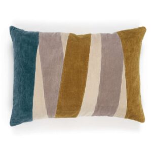 Rechthoekig Elitis sierkussen Nais met diagonale strepen in okergeel, beige, grijs en blauwgroen fluweel.