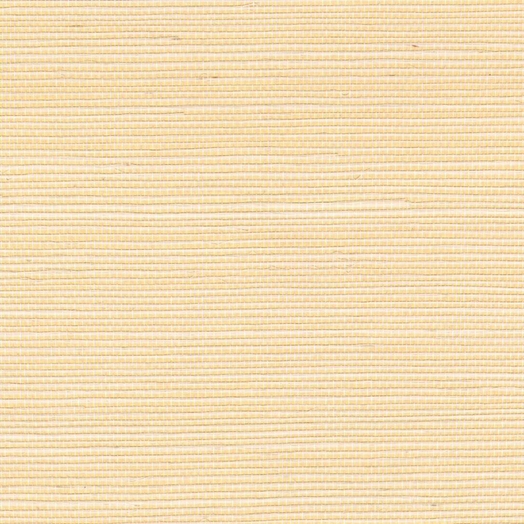 Lichtgeel geweven sisalbehang met een fijne horizontale structuur, type Elitis Sisal Metallique RM 1073 91.