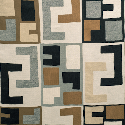 Textielpatroon van Elitis-stof LZ 871 01 Escale met geometrische vormen in beige, zwart, blauwgrijs en bruin.