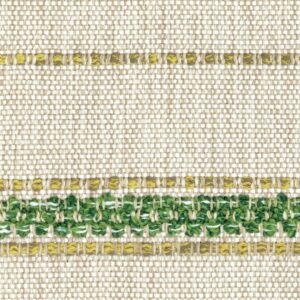 Detail van Elitis-stof Acosta Mendoza OD 138 62 met beige geweven structuur en horizontale groene en gele accenten.