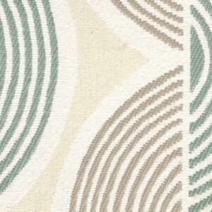 Detail van Elitis-stof Acosta Paraná OD 142 05 met gebogen lijnen in beige, groen en taupe op een geweven crèmekleurige achtergrond.