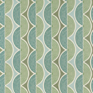 Decoratieve stof met het Acosta Paraná OD 142 62-patroon van Elitis, met herhalende geometrische vormen in blauw- en groentinten.